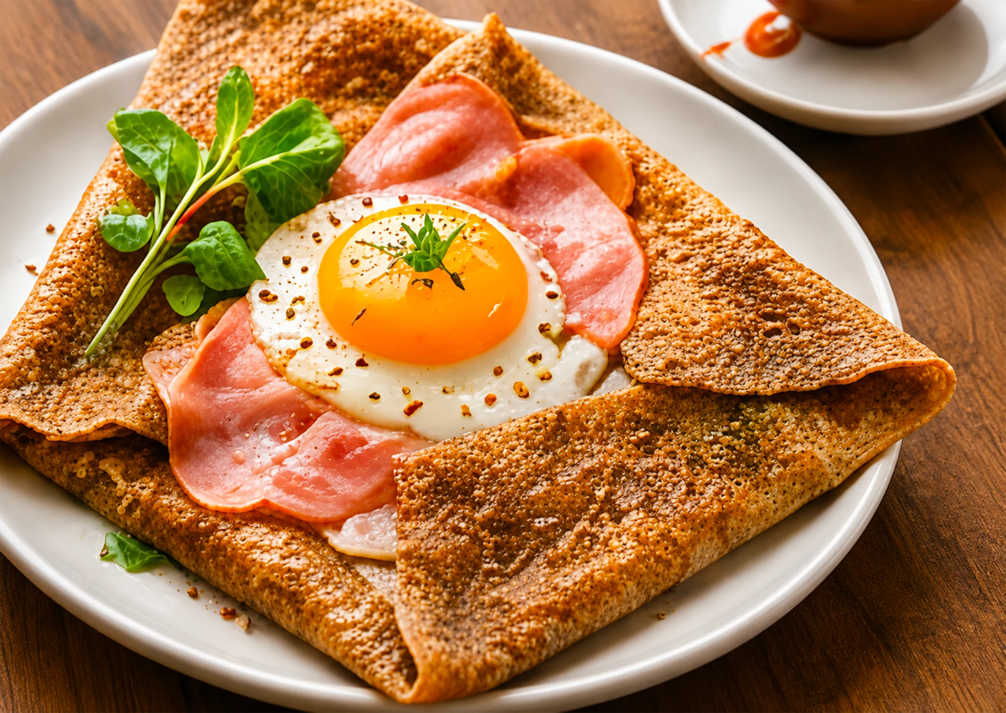 Une galette complète garnie d’un œuf au plat, de jambon et de fromage.